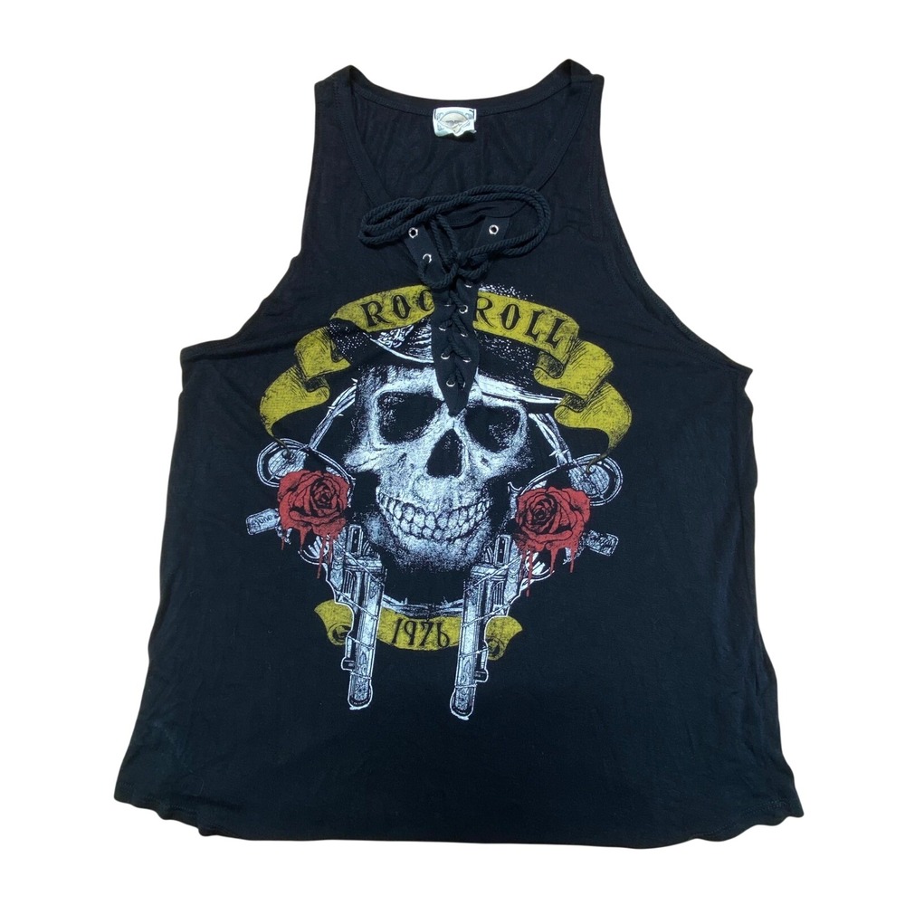 Daydreamer LA Rock & Roll‎ 1976 Skull Roses Lace-Up Tank Top XL Black